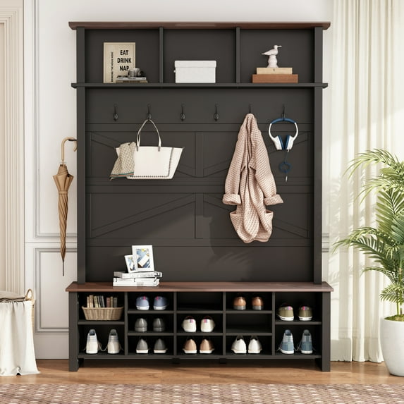 YIYADO 4 in 1 Hall Tree with Bench, Walnut Entryway Coat Rack with 16 Storage Compartments, Adjustable Shelves and Hooks, for Mudroom or Living Room, Black