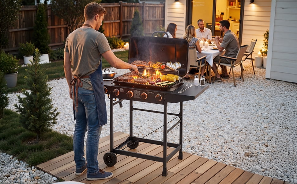 YIYADO 4 Burner BBQ Propane Gas Grill, Stainless Steel Grill with Enamel Coated Grate and Side Table, 42000 BTU, Black