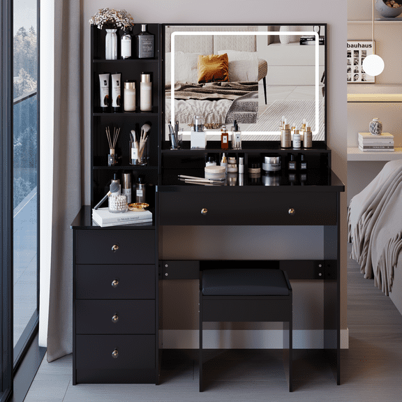 YIYADO 41" Large Vanity Table with Cushioned Stool, X-Large Touch Control LED Mirror, 3-Color Lighting, Multi-Layer Large Capacity Storage, Stylish Makeup Dressing Table, Black