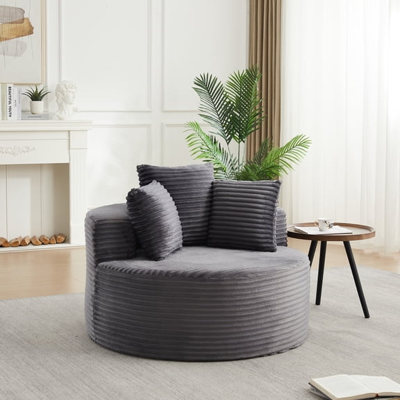 YIYADO 43 Inch Round Corduroy Single Sofa, Comfy Lounge Accent Chair with 3 Pillows, Minimalist Curved Armchair, No Assembly Required for Bedroom Living Room Game Room