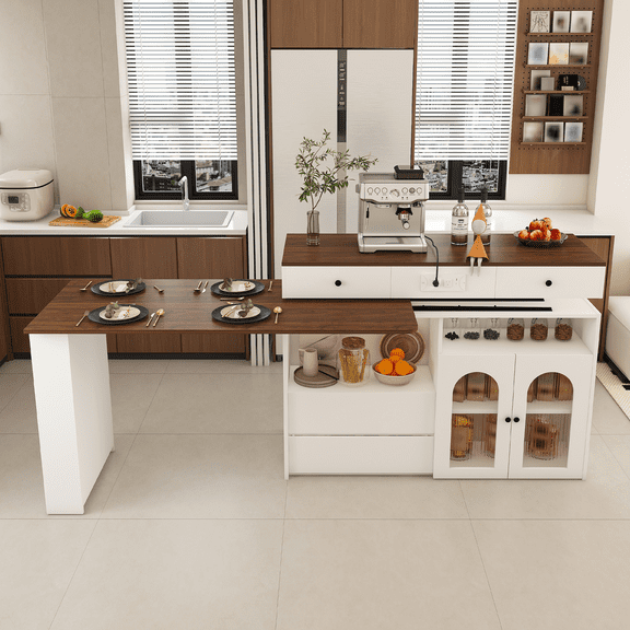 YIYADO 47'' Kitchen Island with Extendable & Rotating Table, Retro Walnut Veneer MDF Cabinet with Built-in Socket, 4 Drawers & Glass Door Storage, Expandable Dining Station for 2-4 Person