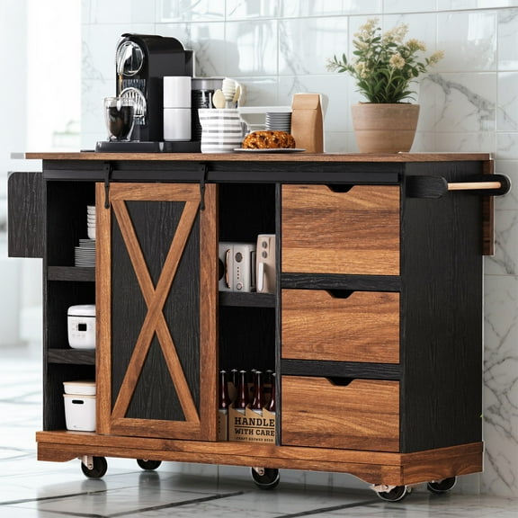 YIYADO 55.5-Inch Rolling Farmhouse Kitchen Island with Drop Leaf, Sliding Barn Door, Power Outlets and Storage