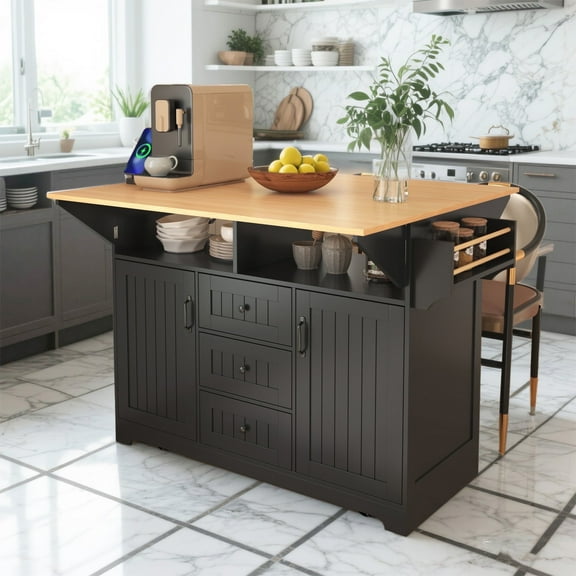 YIYADO 55.7" Rolling Kitchen Island with Drop Leaves, Power Outlets and Storage