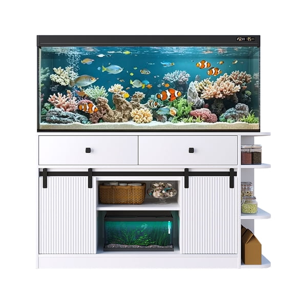 YIYADO 55-75 Gallon Fish Tank Stand with RGB LED Light & Power Outlets, 1200LB Heavy Duty Aquarium Stand, Fluted Sliding Door Storage Cabinet with Multi Compartments