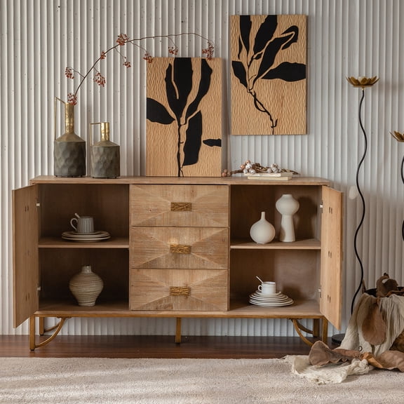 YIYADO 59.44 Inch Light Wood Sideboard - 3 Drawers + 2 Door Storage Cabinet with Geometric Embossed Front, Gold Metal Legs for Living/Dining Room