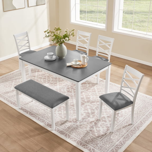 YIYADO 6-Piece Dining Table Set with Bench, Grey & White Two-Tone Modern Minimalist, Wood Dining Set for 6 - Space-Saving for Dining Room, Kitchen