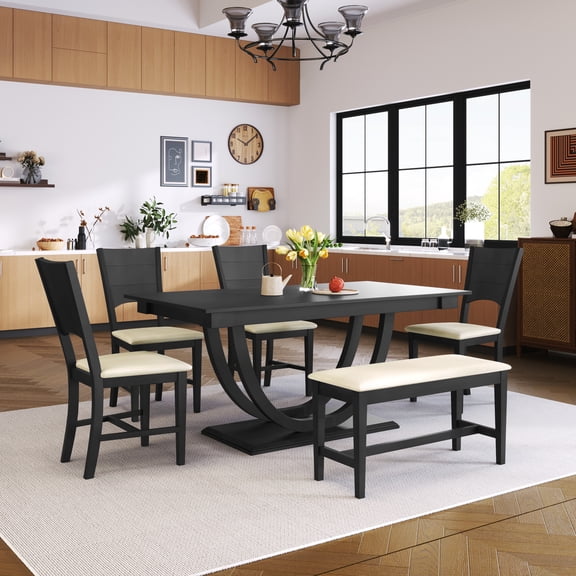 YIYADO 6-Piece Wood Half Round Dining Table Set, Gray Modern Style - Long Bench + 4 Upholstered Dining Chairs, Spacious Kitchen Dining Set for 6 People