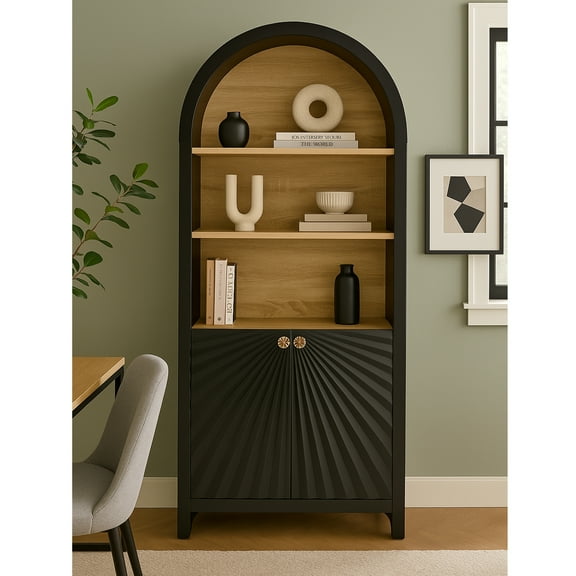 YIYADO 61 Inch High Arched Cabinet, Arched Kitchen Storage Cabinet with Doors, Wooden Arched Storage Cabinet Display Bookcase with 2 Large Drawers, Multifunctional Cabinet for Living Room, Black