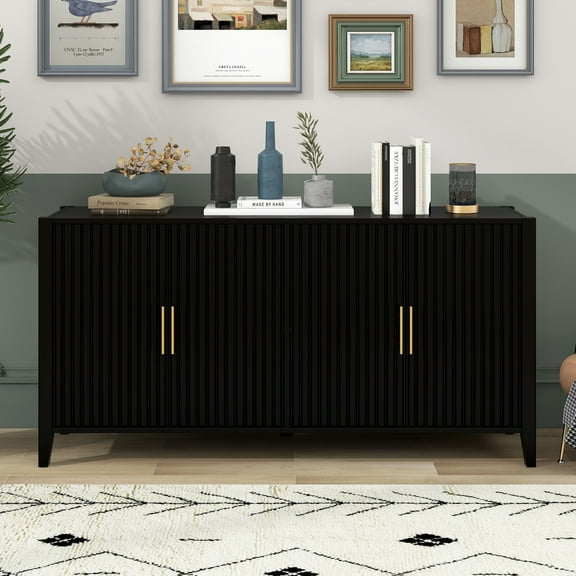 YIYADO 63.1" Long Sideboard with 4 Slatted Doors, Farmhouse Buffet Storage Cabinet with Painted Solid Wood Legs, Metal Handles, Black
