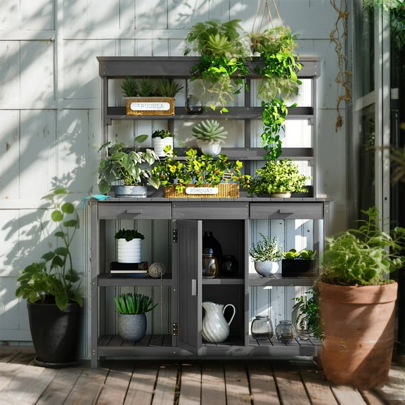YIYADO 66" Large Outdoor Wooden Planter Workbench, Farmhouse Style Garden Workstation with 2 Drawers, Cabinets, and Open Shelves, Suitable for Backyards and Mudrooms, Gray