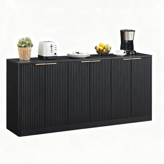 YIYADO 67 Inch Wavy Sideboard Cabinet, Modern Curved Storage Cabinet with 6 Doors for Living Room Kitchen Bedroom, Black