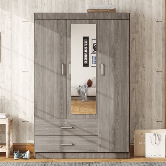 YIYADO 68.2 inch H Wardrobe Wardrobe with Mirror, Modern Freestanding Wooden Wardrobe Wardrobe with 3 Doors and Lockable Drawers, Bedroom Wardrobe with Shelves and Hanging Rod, Gray