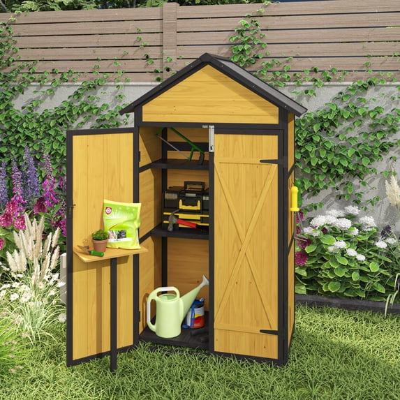YIYADO 69-Inch Outdoor Weatherproof Wooden Storage Shed with Waterproof Roof, Lockable Doors, Removable Shelves, Foldable Table & Hooks - Garden Tool Cabinet for Yard & Patio