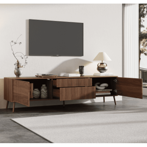 YIYADO 70" Fluted TV Stand, Fits TVs Up to 80", Mid-Century Modern Entertainment Center with Drawers and Fluted Doors, Soft-Close Hinges, for Living Room, Brown