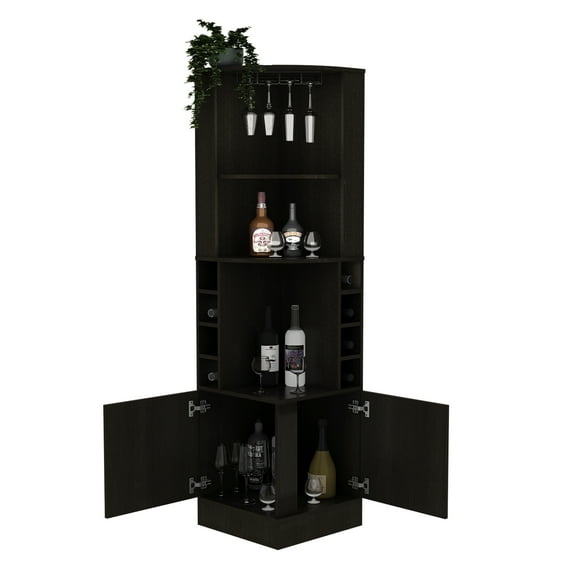 YIYADO 71" Corner Bar Cabinet with Wine Storage, Black Freestanding Liquor Cabinet with Glass Rack & Doors, black
