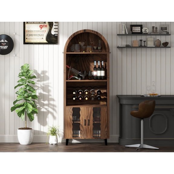 YIYADO 71-Inch Farmhouse Arched Bar Cabinet, Farmhouse Wine Storage Cabinet with Open Shelves and Doors, Whiskey Counter with Wine Rack and Wine Glass Holder, Brown