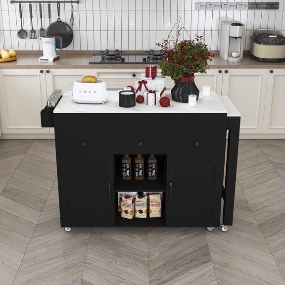 YIYADO 74.8" Kitchen Island with Extendable Dining Table, Marble Veneer Top & Built-in Power Outlet - Mobile Storage Cart with 3 Drawers & Cabinet, Rolling Kitchen Cart for Dining Room, Black