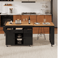 thumbnail image 1 of YIYADO 85.5" Kitchen Island with Extendable Dining Table, Kitchen Storage Table with 3 Side Open Shelves, Rolling Kitchen Island with Power Outlet, 3 Drawers, 2 Doors,Black, 1 of 6
