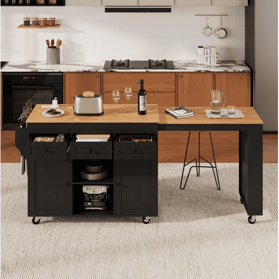YIYADO 85.5" Kitchen Island with Extendable Dining Table, Kitchen Storage Table with 3 Side Open Shelves, Rolling Kitchen Island with Power Outlet, 3 Drawers, 2 Doors,Black