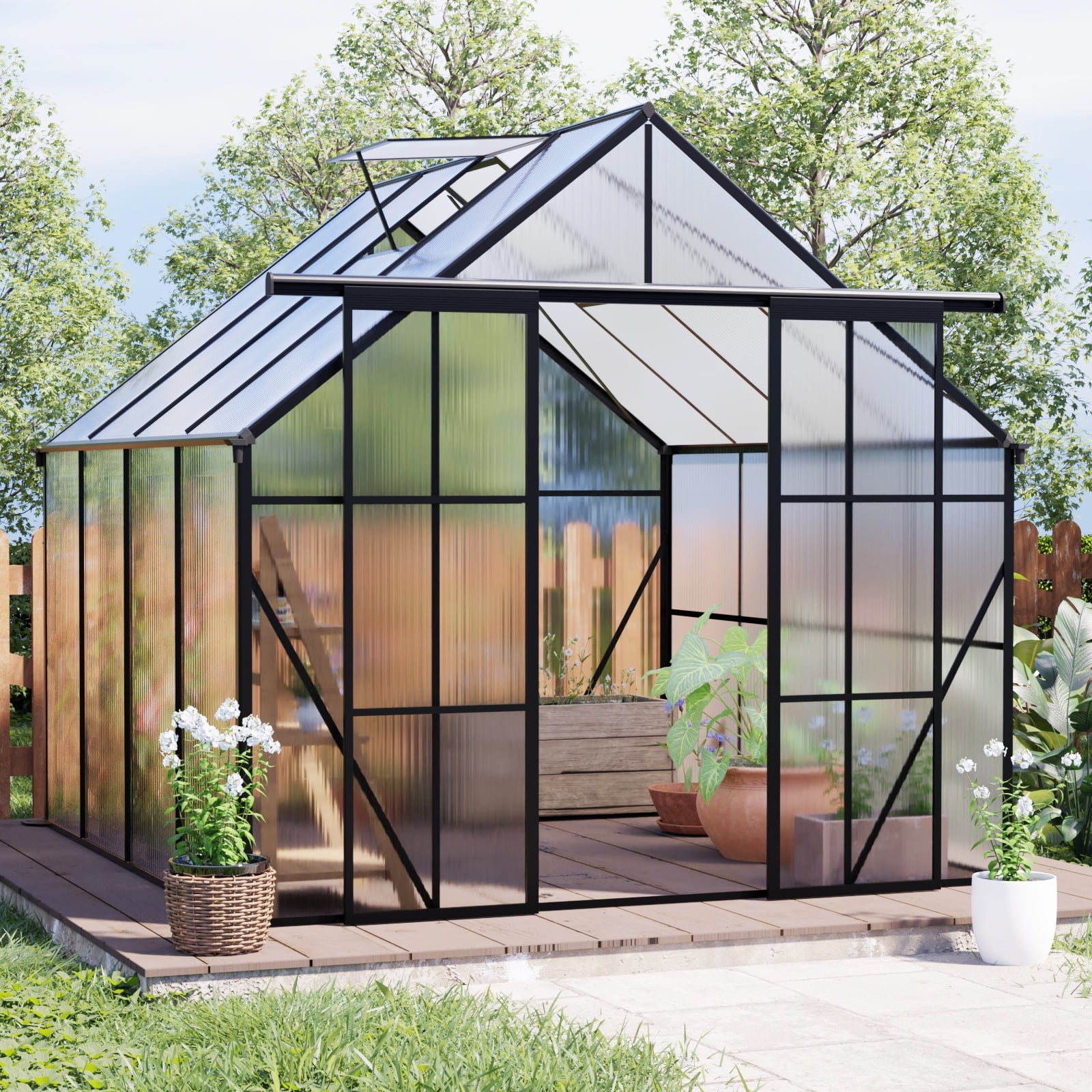 YIYADO 8x8 FT double door greenhouse, home planting rack, walk-in plant greenhouse, suitable for courtyards,Black