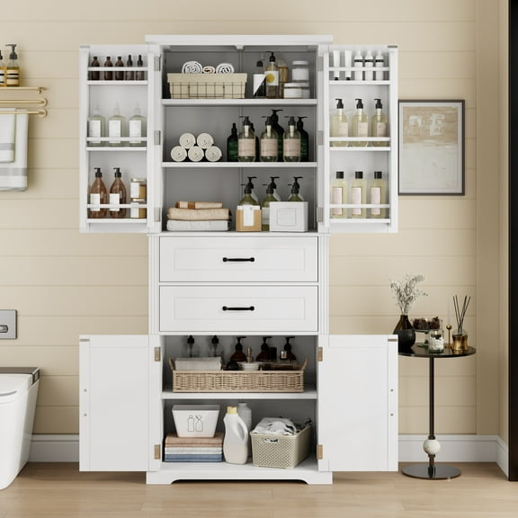 YIYADO Bathroom Storage Cabinet, Multifunctional Storage Cabinet, 2 Drawers with Slide Rails, Adjustable Shelves, White