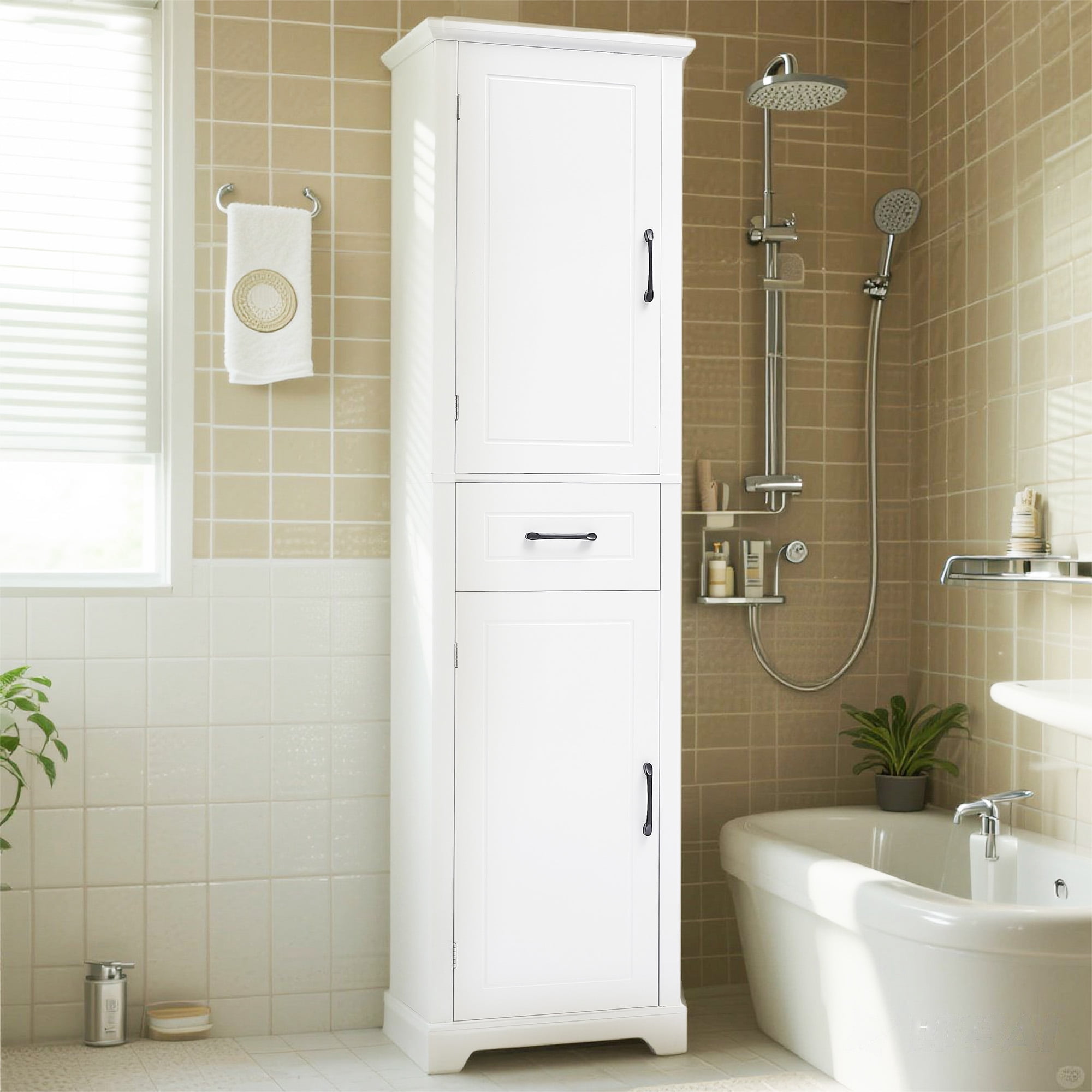 YIYADO Bathroom waterproof storage cabinet, floor-standing storage cabinet with adjustable shelves, freestanding bathroom storage rack, white