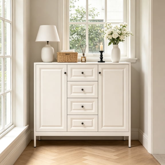 YIYADO Beige Storage Sideboard Cabinet, 40.16 Inch Freestanding Accent Cabinet with 4 Drawers and 2 Doors, Adjustable Shelves Heavy-Duty Steel Console for Kitchen Entryway Living Room