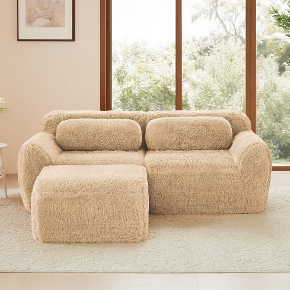 YIYADO Boneless Sofa, Upholstered Cloud Sofa with L-Shaped Chaise Longue, Fluffy and Comfortable Cloud Sofa, Sofa with Imperial 32D High-Density Dponge, Non-Slip Design, with Pillow, Beige