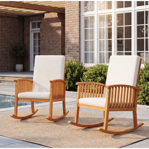 YIYADO CASA Acacia Wood Rocking Chair, Outdoor Rustic Patio Rocker with Water-Resistant Cushion, Gentle Rocking Design, Sturdy Wooden Lounge Chair for Porch Backyard