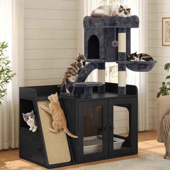 YIYADO Cat Litter Box Enclosure with LED RGB Light, Modular Cat Tower with Scratching Board & Storage, Black