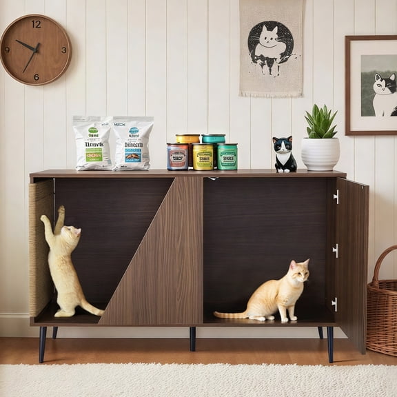 YIYADO Cat Litter Box Furniture with Sisal Cat Scratching Post, Cat Furniture 2 in 1, Walnut Cabinet Side Table with Spring Door