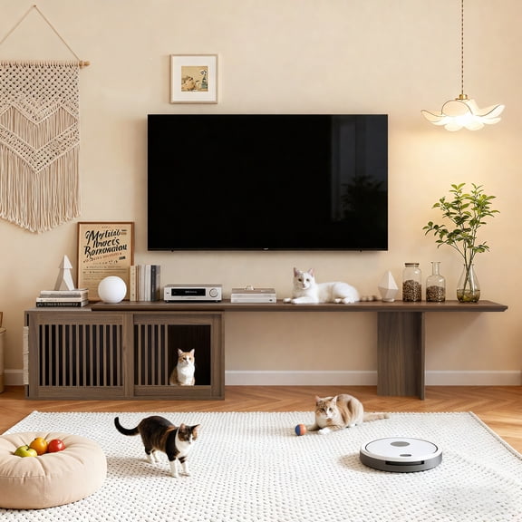 YIYADO Cat Litter TV Cabinet, Cat House Cat Litter Box Enclosure TV Cabinet with Retractable Table, Modern 2 in 1 Cat Furniture Wooden Cat Litter Box Cabinet with Cat Scratching Post, Walnut