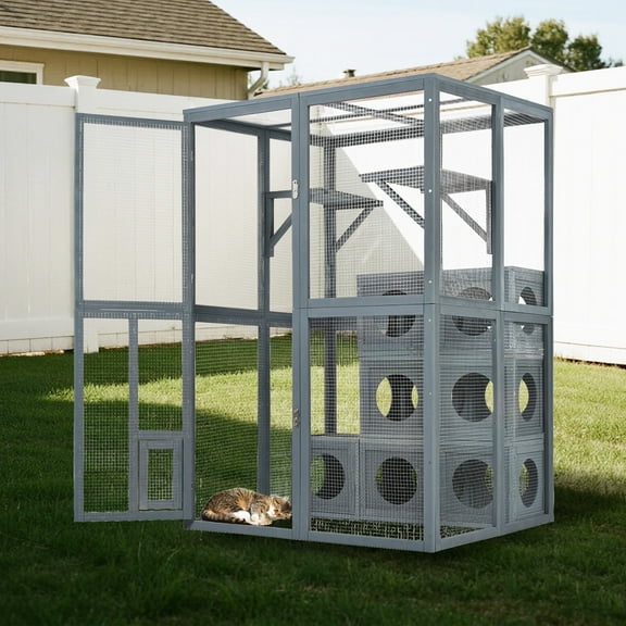 YIYADO Catio Outdoor Cat Enclosure with Climbing Shelves & 7 Modular Boxes, Large Backyard Cat House with Weather Cover