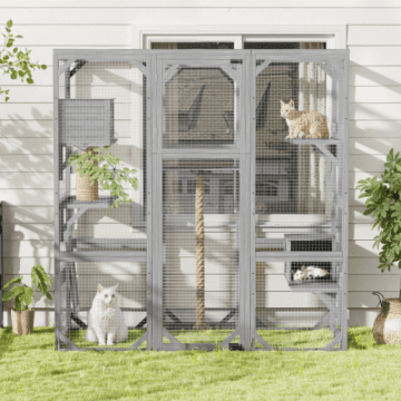 YIYADO Catio Outdoor Cat Fence, Outdoor Cat House, DIY Cat Fence with Double Entry Doors for Cats, with Platform and Two Apartments, Gray