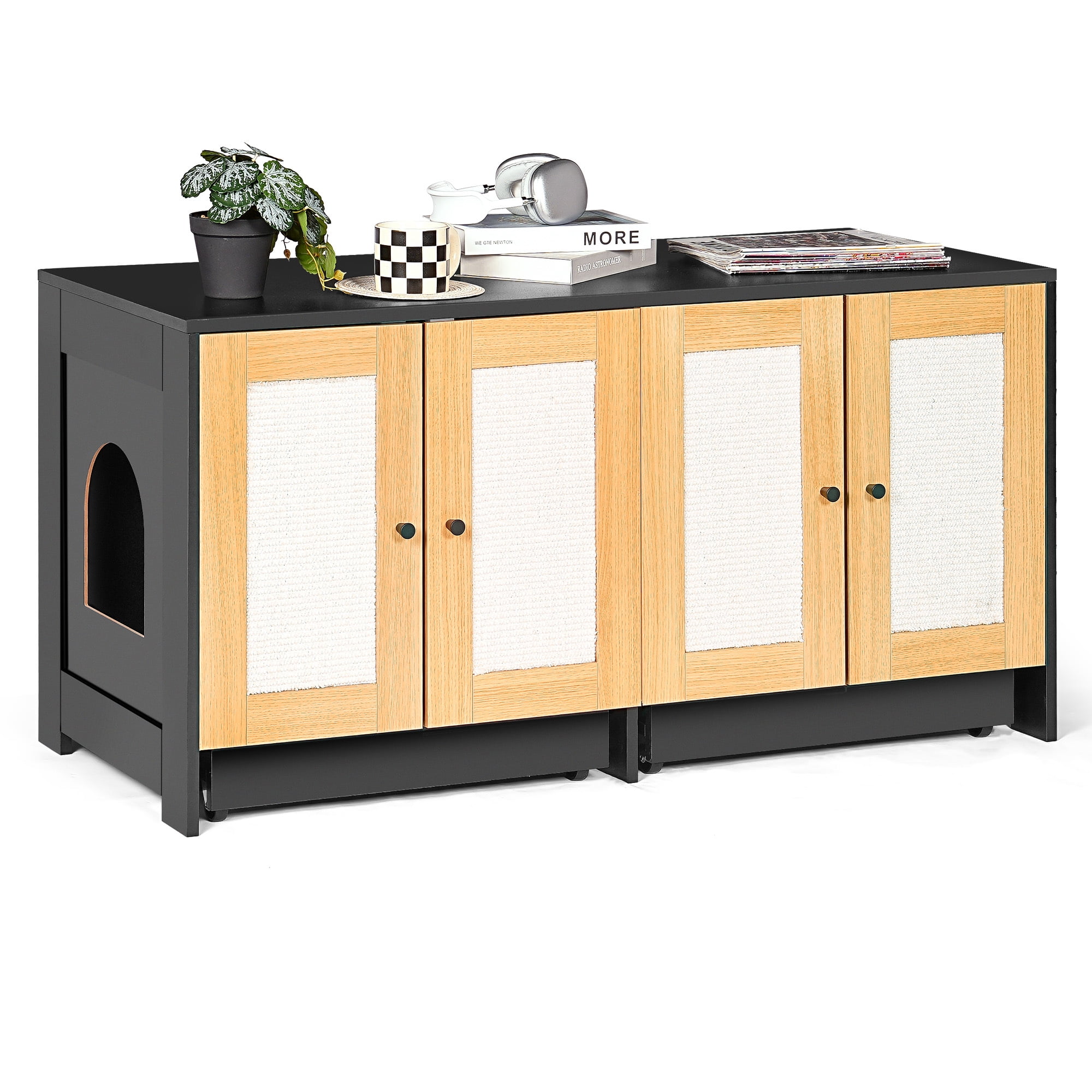YIYADO Double Cat Litter Box Enclosure, Hidden Litter Box Furniture for 2 Cats with Rattan Doors & Scratching Panels, Black