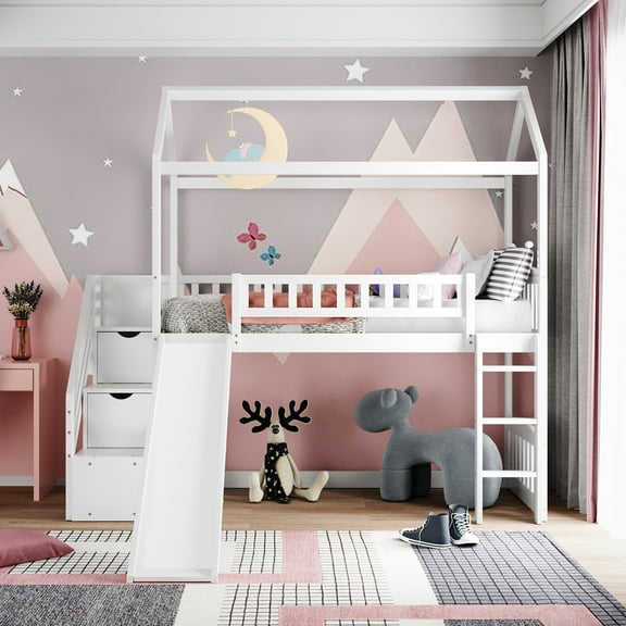 YIYADO Double Loft Bed, Two DDrawers and Slide, Solid Pine, Brackets, Storage Steps and Slides in One, Double Loft Bed, Two Ways of Assembly