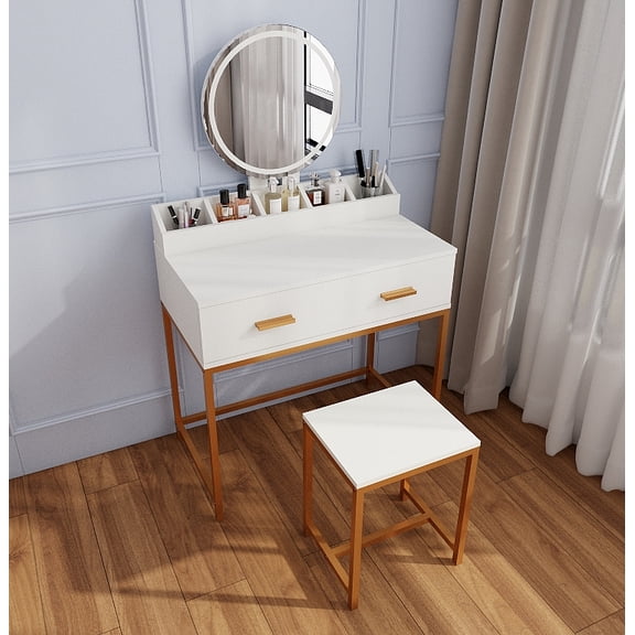 YIYADO Dressing Table Set with Mirror and Stool, Makeup Dressing Table with Storage Drawers and Organizers, White, Suitable for Small Bedroom