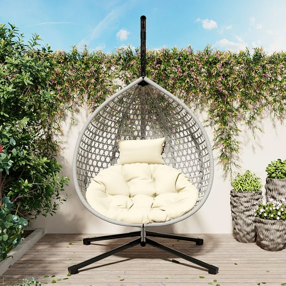 YIYADO Egg Chair with Stand, Sturdy Hammock Chair with Rattan Weaving, Hammock Swing Chair with Soft Removable Cushion, Beige