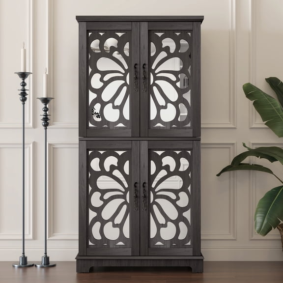 YIYADO Elegant Sideboard, Vintage Hollow Carved Buffet, Sideboard with Storage and Buffet with 4 Acrylic Mirror Doors, Adjustable Shelves Storage Cabinet, Brown