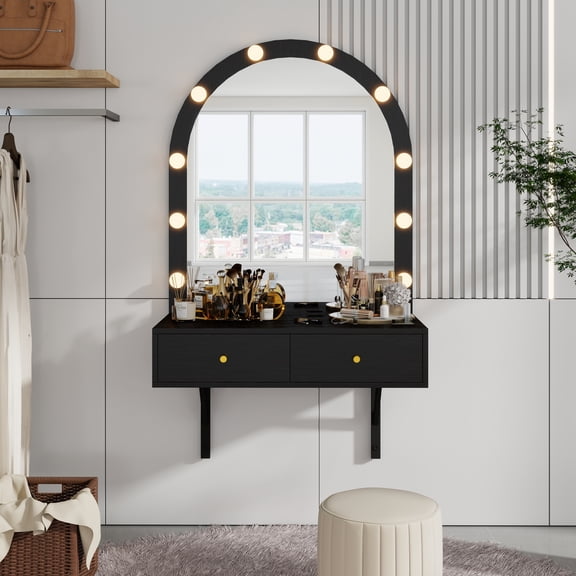 YIYADO Floating Makeup Vanity Table with Mirror & 3-Color Lights, Wall-Mounted Vanity with Power Outlets, Compact Vanity with Large Storage Capacity, Black