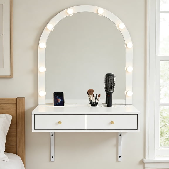 YIYADO Floating Makeup Vanity Table with Mirror & 3-Color Lights, Wall-Mounted Vanity with Power Outlets, Compact Vanity with Large Storage Capacity, White
