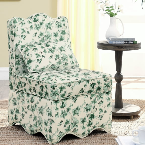 YIYADO Floral Flannel Dining Chair, Green Armless Accent Chair with Soft Waist Pillow, Printed Pattern Upholstered Chair for Dining Room Living Room Small Space