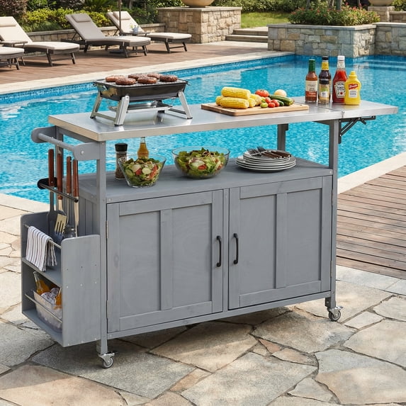 YIYADO Foldable Outdoor Kitchen Island, Mobile Patio Kitchen Cart with Stainless Steel Top, Lockable Wheels, Storage Cabinet & 2-Tier Spice Towel Rack, Grey