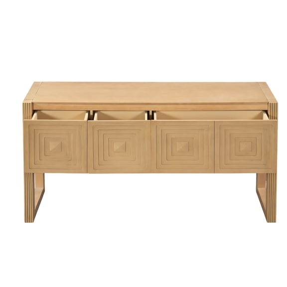 YIYADO Geometric Carved Console Table, Light Brown Entryway Sofa Table with Fluted Legs & 3 Soft-Close Drawers