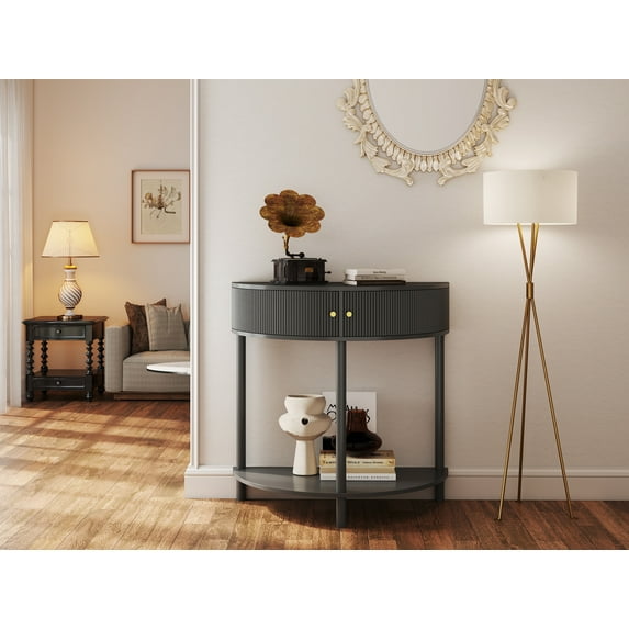YIYADO Half Moon Console Table, Half Moon Design Coffee Table, Dark Gray Finish with 2 Storage Drawers and Bottom Shelf, Craftsman Made Wave Pattern