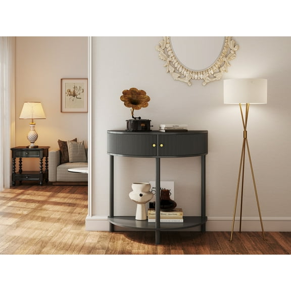 YIYADO Half Moon Console Table, Half Moon Design Coffee Table, Dark Gray Finish with 2 Storage Drawers and Bottom Shelf, Craftsman Made Wave Pattern