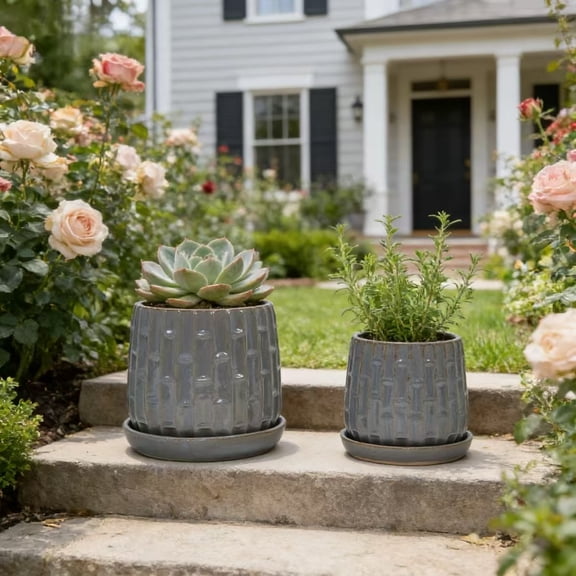 YIYADO Handmade Gray Glazed Ceramic Planter Set of 2, 6" & 8" Diameter, Vertical Ribbed Pattern, for Succulents & Herbs Indoor/Outdoor Shelf & Table Use, Breathable Clay with Saucers