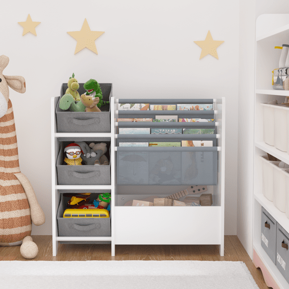 YIYADO Indoor Children's Bookshelf, 4-Layer Children's Bookshelf, 3 Foldable Drawers, Modern and Simple, White