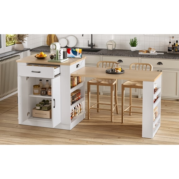 YIYADO Kitchen Island with Retractable Dining Table, Drawers, Double Door Cabinets and Open Shelving, Makeshift Breakfast Bar, Afternoon Tea Lounge, White