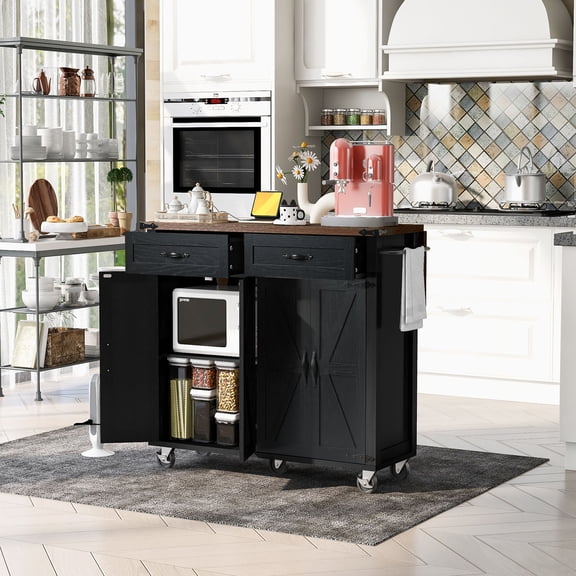 YIYADO Kitchen Island with Power Socket, Kitchen Storage Island with Fallen Leaves, Spice Rack and Drawer, Rolling Kitchen Cart on Wheels, Black
